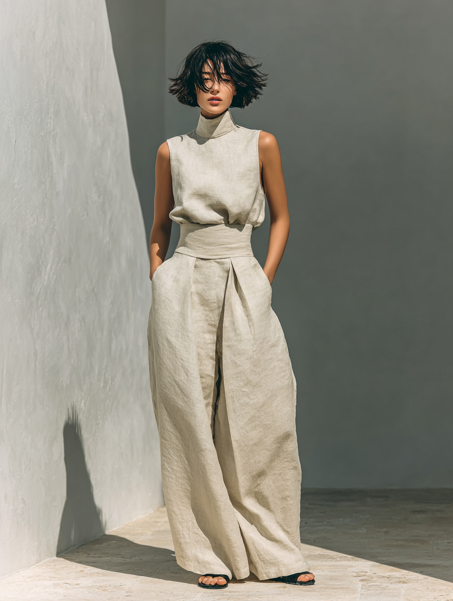 Inés | Completo minimalista in lino con top senza maniche e pantaloni larghi