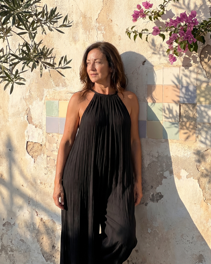 Silvia | Tuta a Gamba Larga Relaxed Plissettata con Collo all&