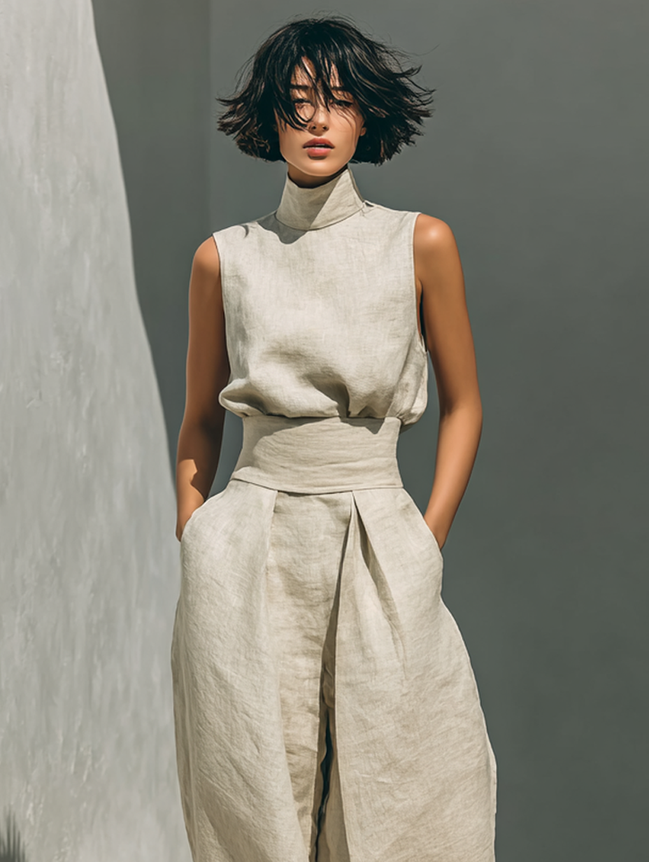 Inés | Completo minimalista in lino con top senza maniche e pantaloni larghi