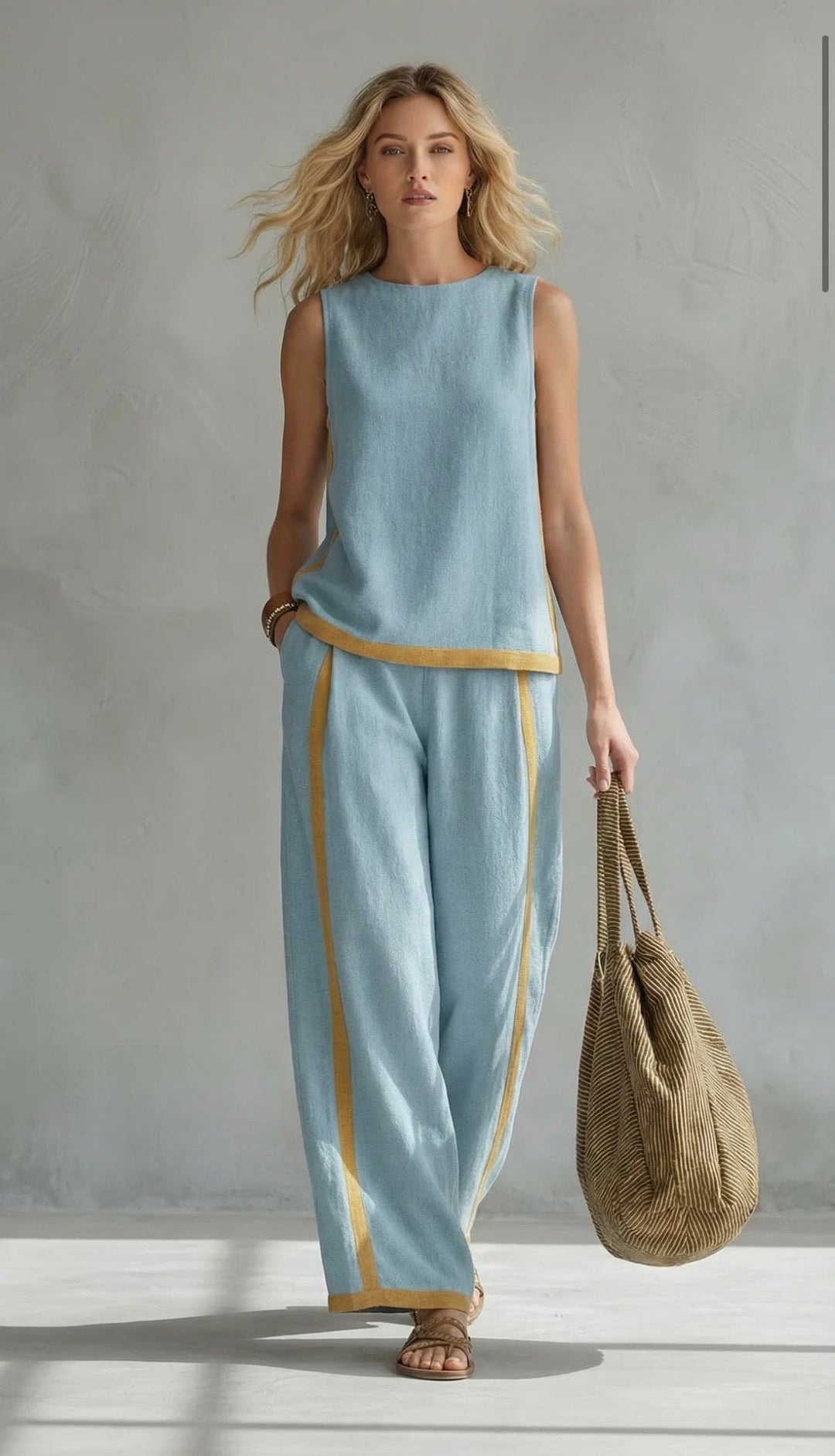 Natalia | Completo fluido grigio con top senza maniche e pantaloni larghi