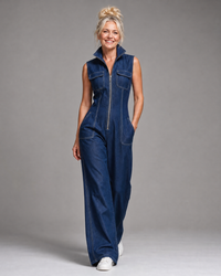 Samanta | Tuta a Gamba Larga in Denim Senza Maniche con Zip Frontale