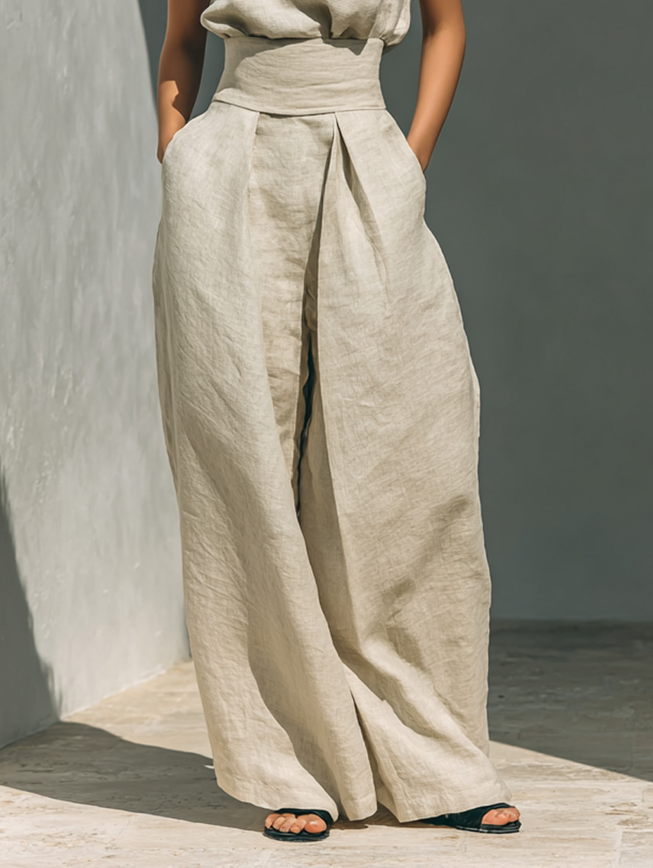 Inés | Completo minimalista in lino con top senza maniche e pantaloni larghi