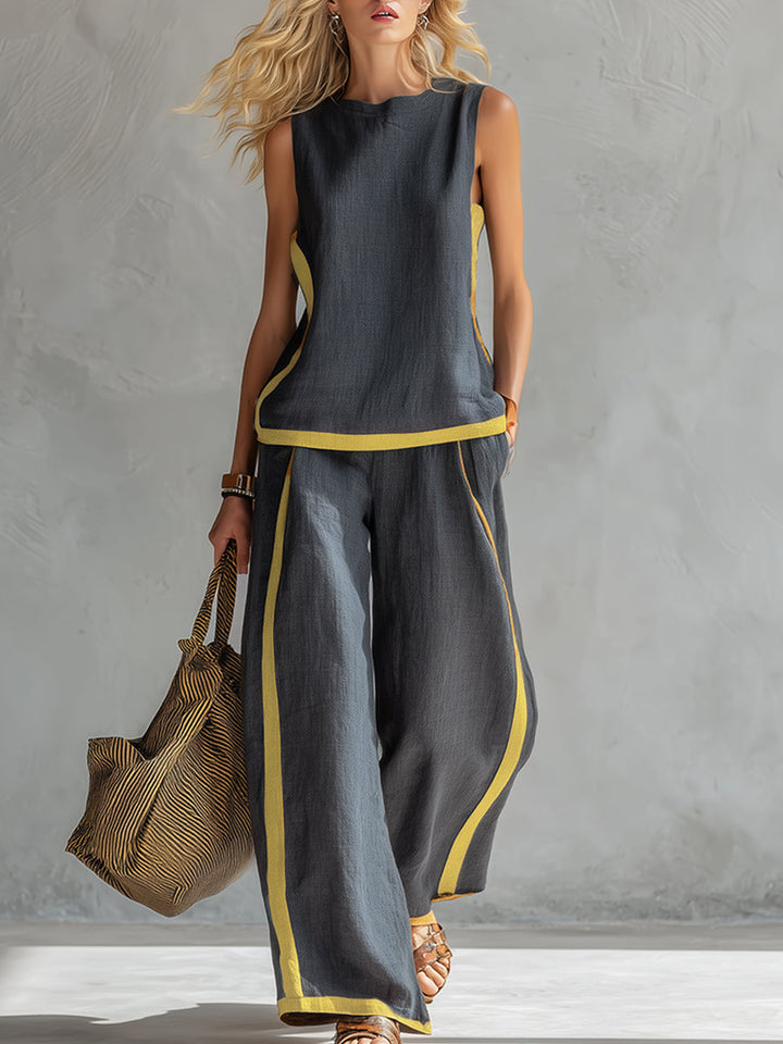 Natalia | Completo fluido grigio con top senza maniche e pantaloni larghi