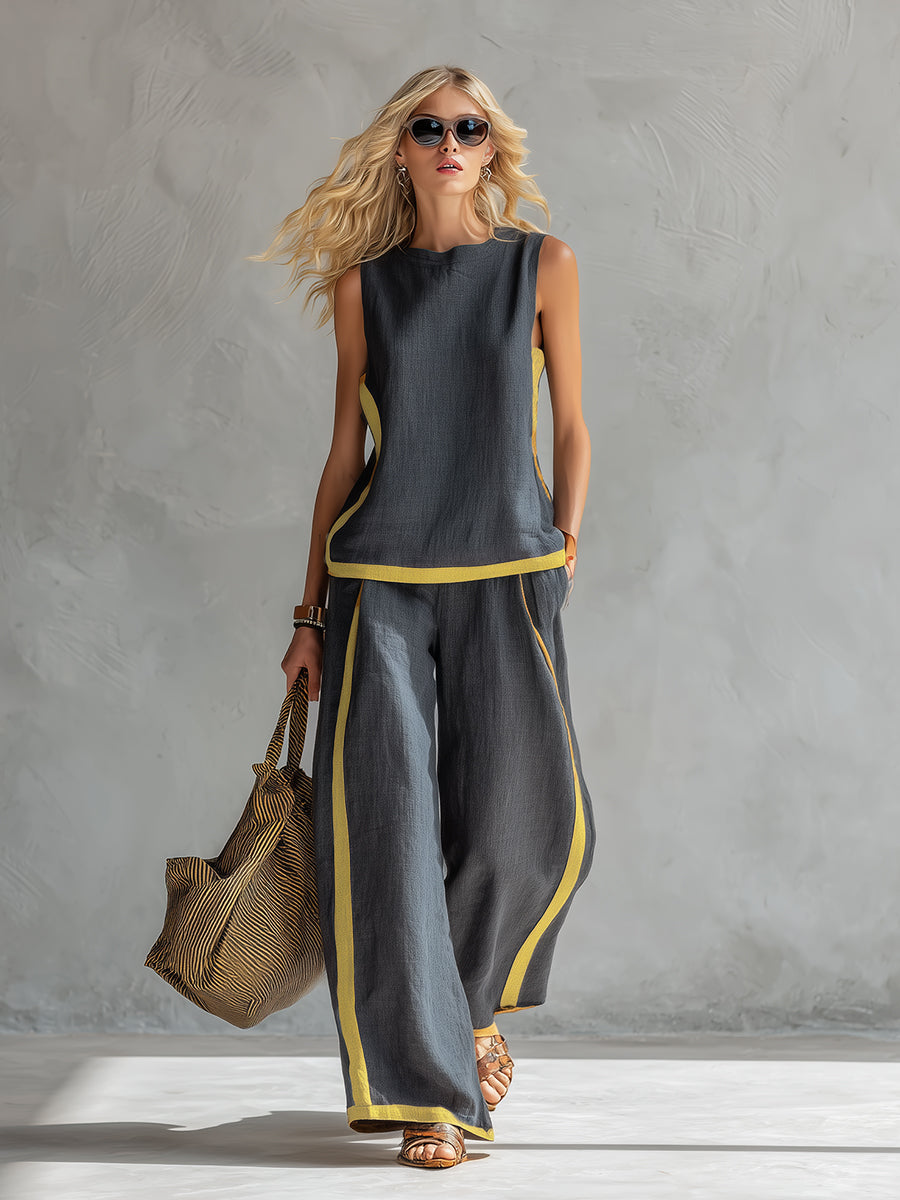 Natalia | Completo fluido grigio con top senza maniche e pantaloni larghi
