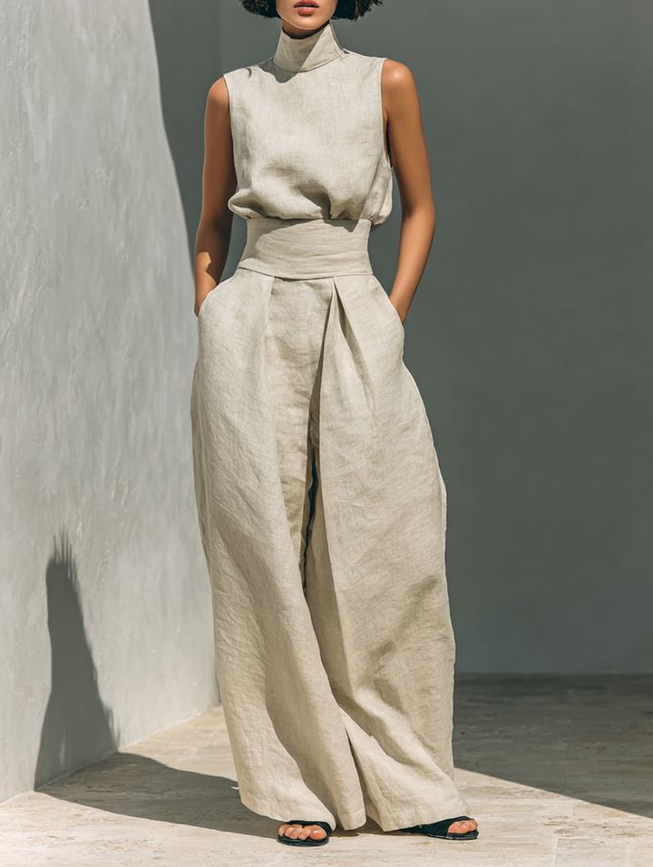 Inés | Completo minimalista in lino con top senza maniche e pantaloni larghi