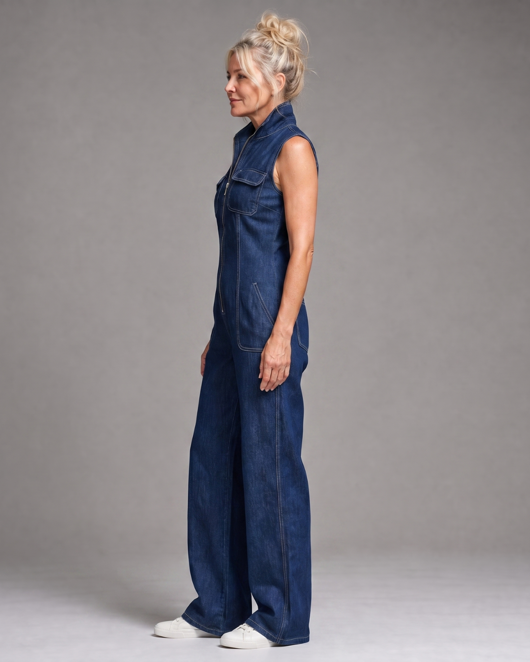 Samanta | Tuta a Gamba Larga in Denim Senza Maniche con Zip Frontale