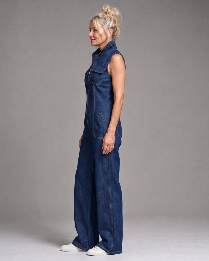 Samanta | Tuta a Gamba Larga in Denim Senza Maniche con Zip Frontale