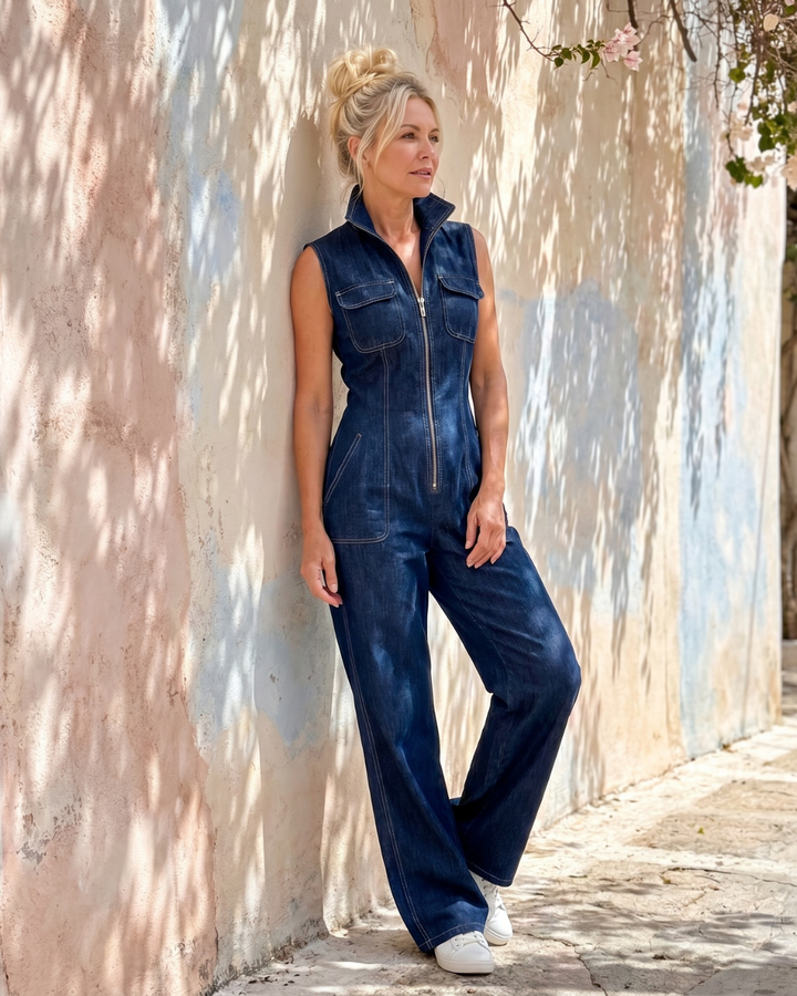 Samanta | Tuta a Gamba Larga in Denim Senza Maniche con Zip Frontale