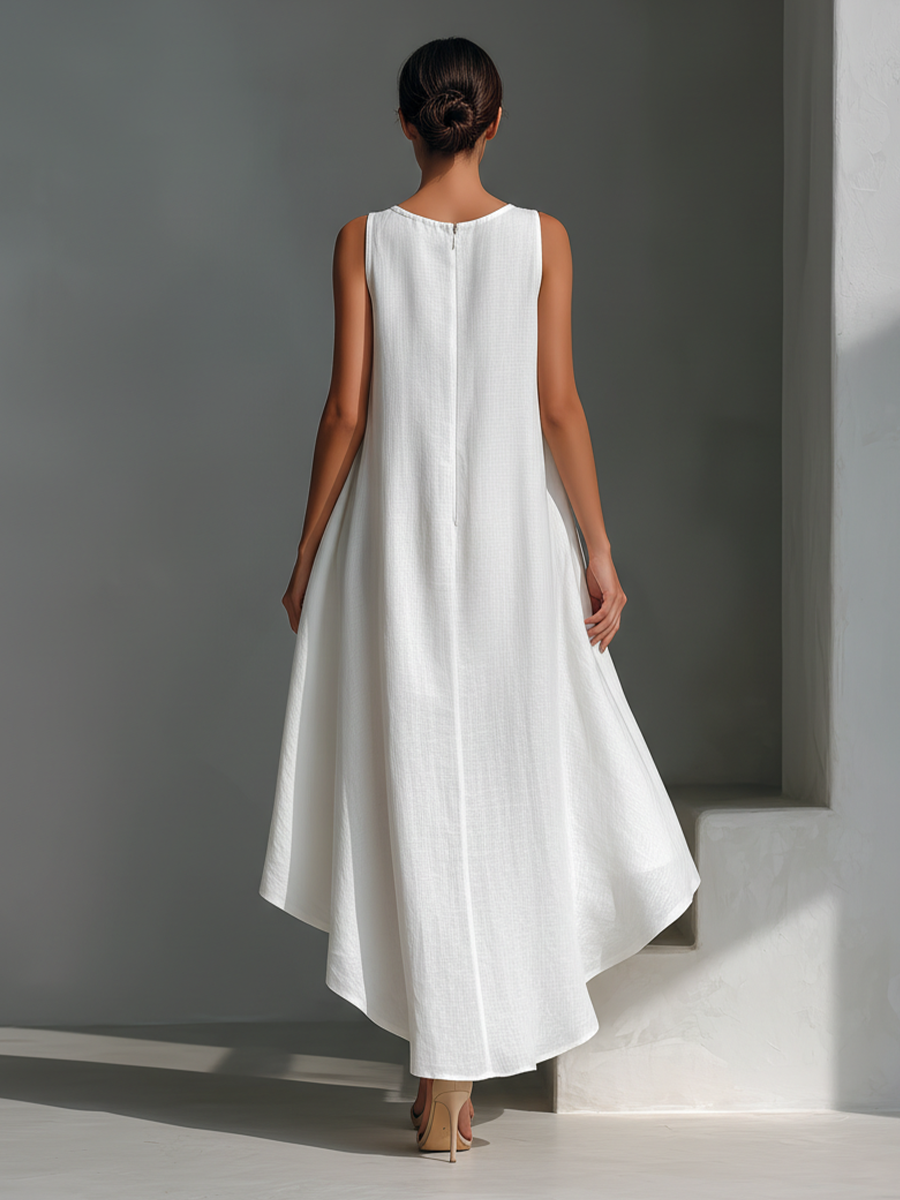 Elena | Vestito midi in lino bianco con taglio asimmetrico