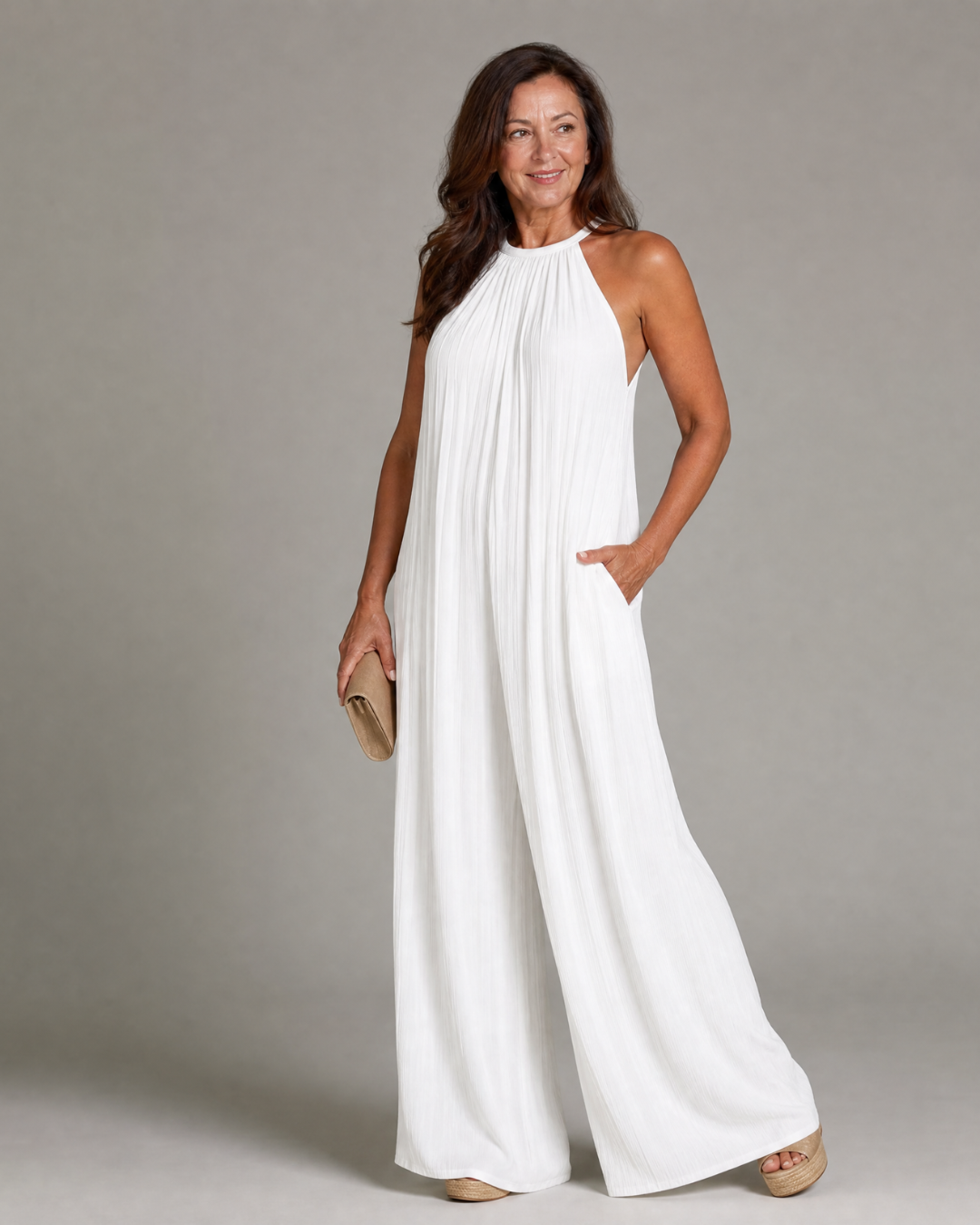 Silvia | Tuta a Gamba Larga Relaxed Plissettata con Collo all&