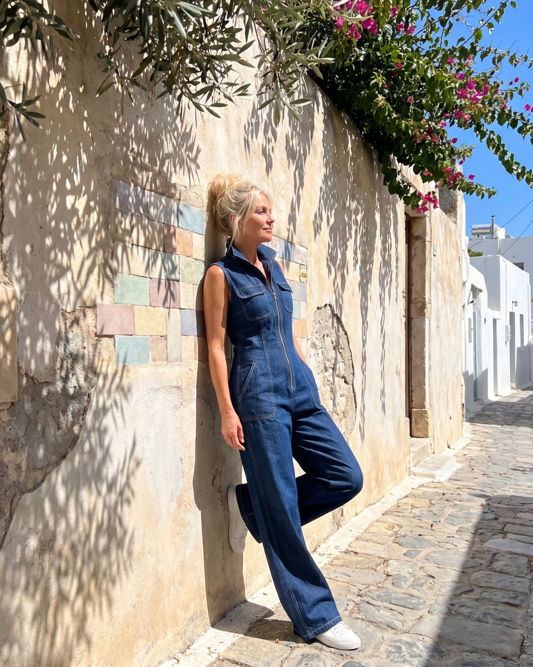 Samanta | Tuta a Gamba Larga in Denim Senza Maniche con Zip Frontale