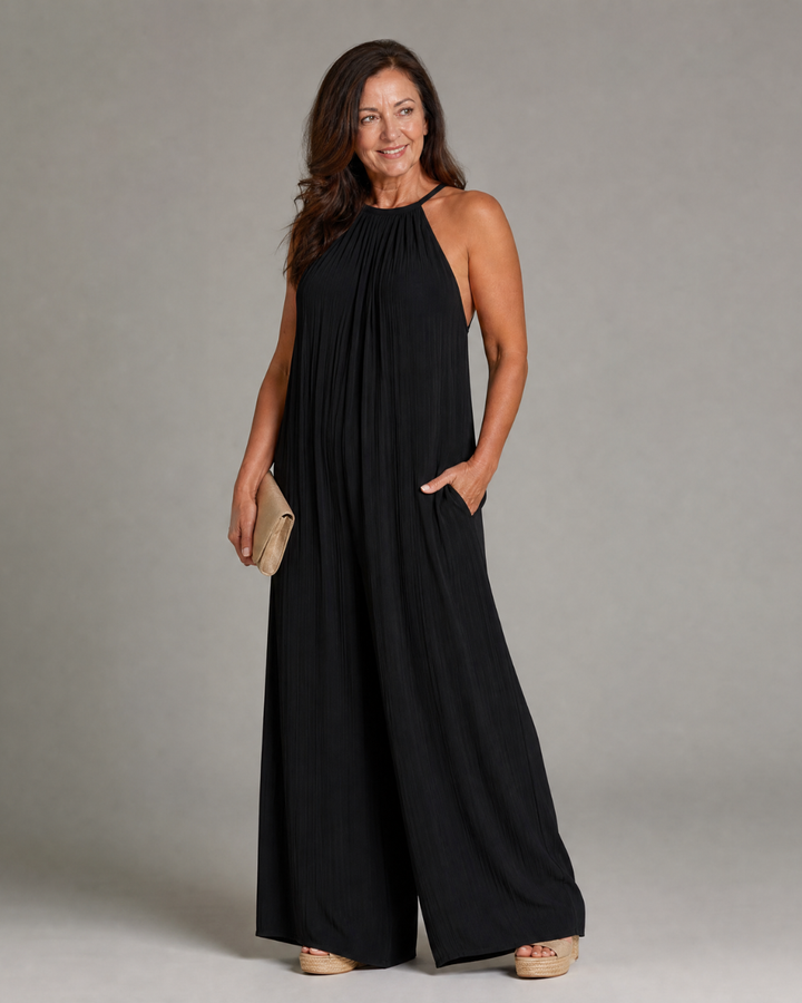 Silvia | Tuta a Gamba Larga Relaxed Plissettata con Collo all&