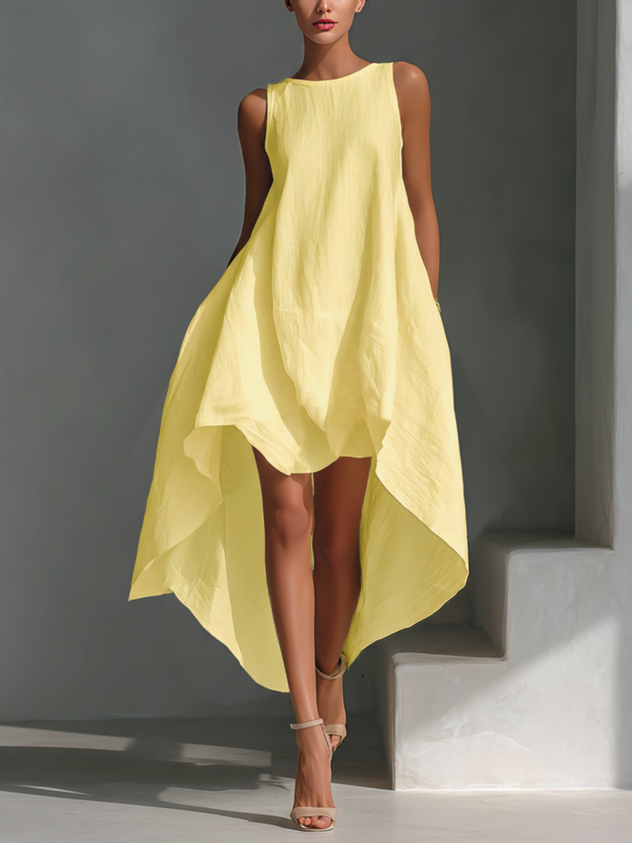 Elena | Vestito midi in lino bianco con taglio asimmetrico