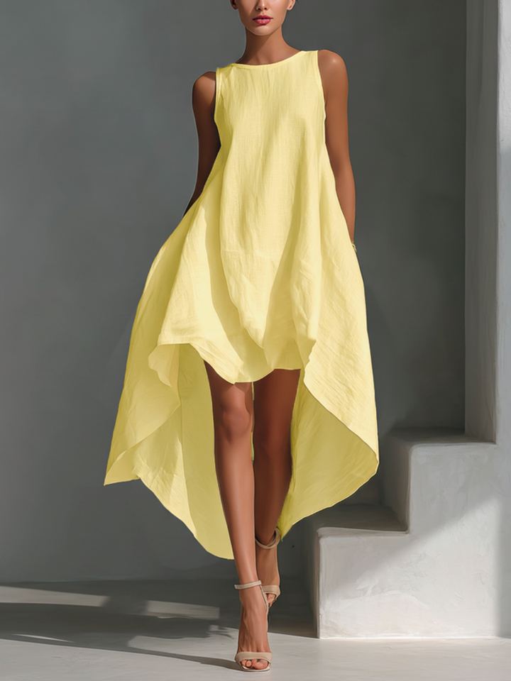 Elena | Vestito midi in lino bianco con taglio asimmetrico