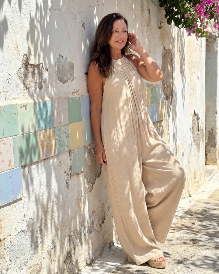 Silvia | Tuta a Gamba Larga Relaxed Plissettata con Collo all&