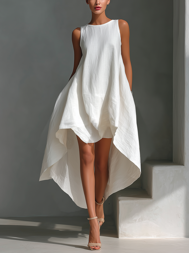 Elena | Vestito midi in lino bianco con taglio asimmetrico