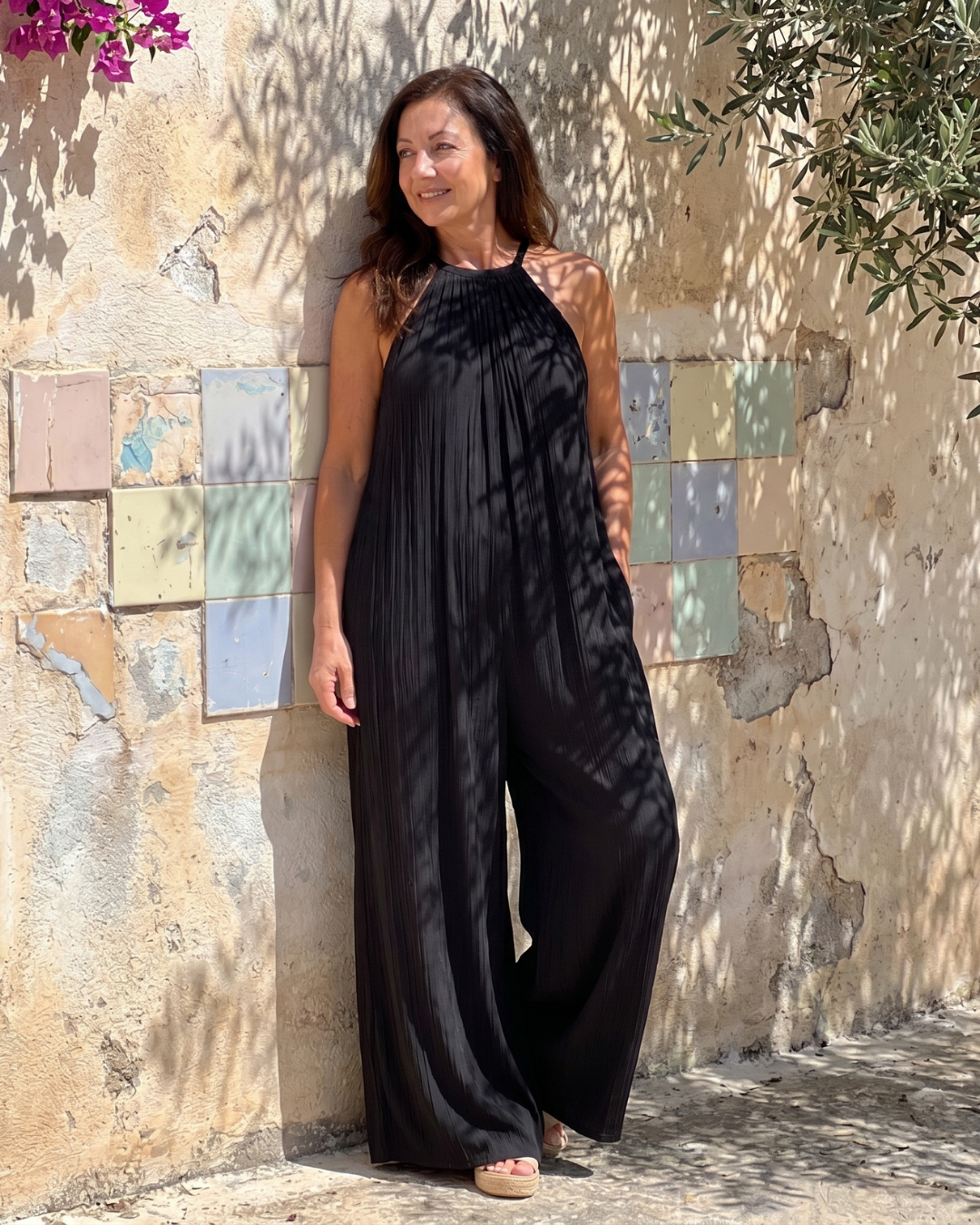 Silvia | Tuta a Gamba Larga Relaxed Plissettata con Collo all&