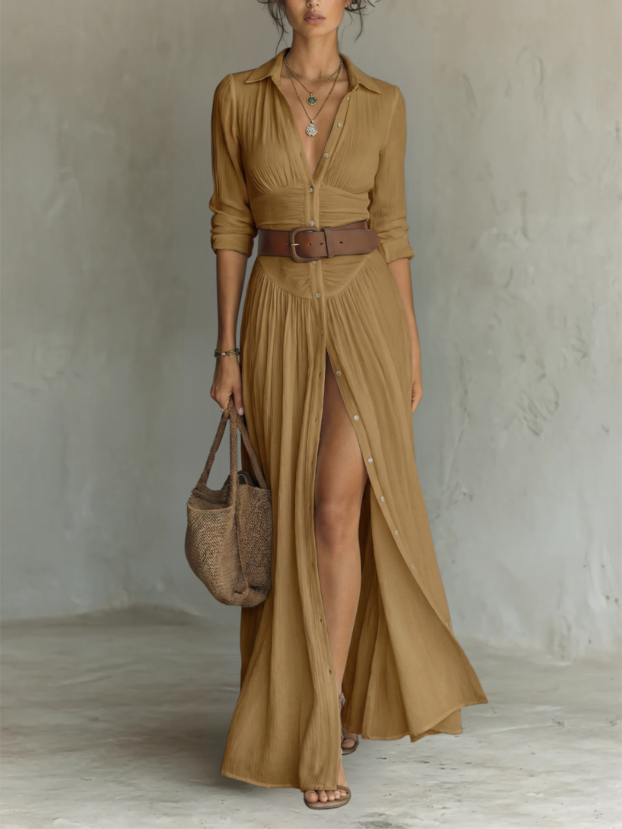 Elena | Vestito lungo maxi da donna con collo a revers e maniche lunghe in lino