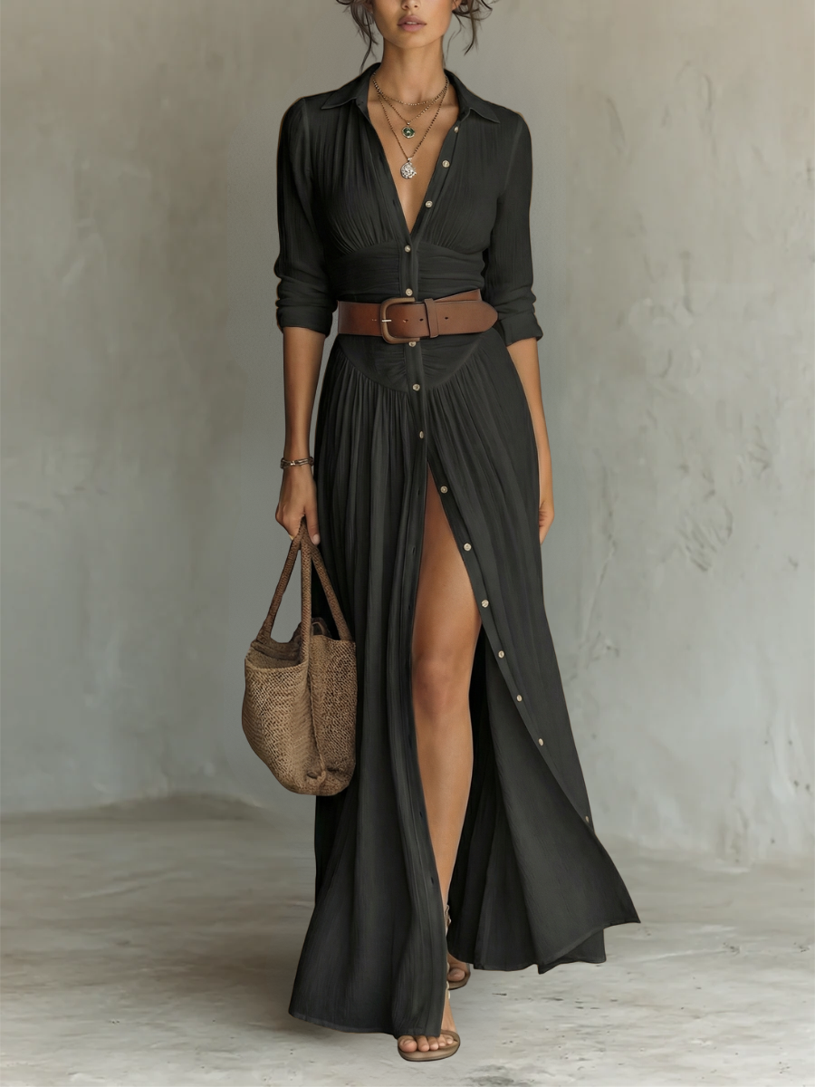 Elena | Vestito lungo maxi da donna con collo a revers e maniche lunghe in lino