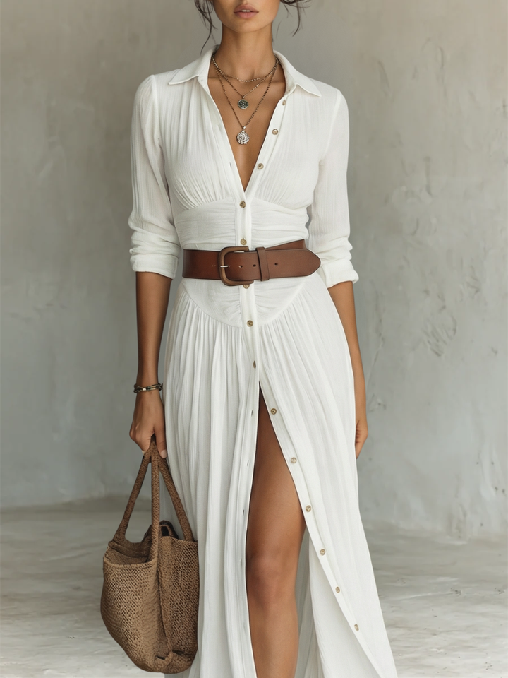 Elena | Vestito lungo maxi da donna con collo a revers e maniche lunghe in lino