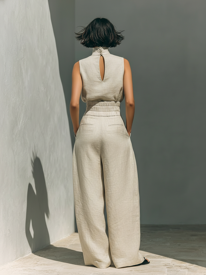 Inés | Completo minimalista in lino con top senza maniche e pantaloni larghi