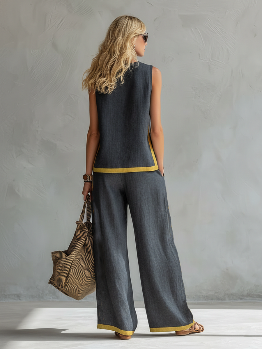 Natalia | Completo fluido grigio con top senza maniche e pantaloni larghi