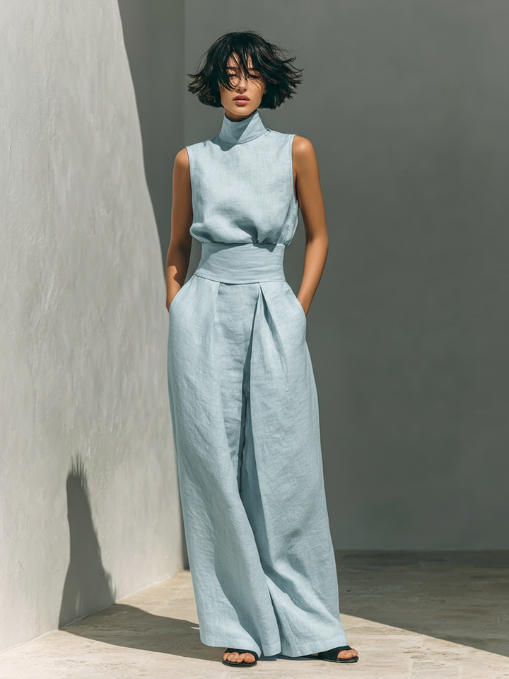 Inés | Completo minimalista in lino con top senza maniche e pantaloni larghi