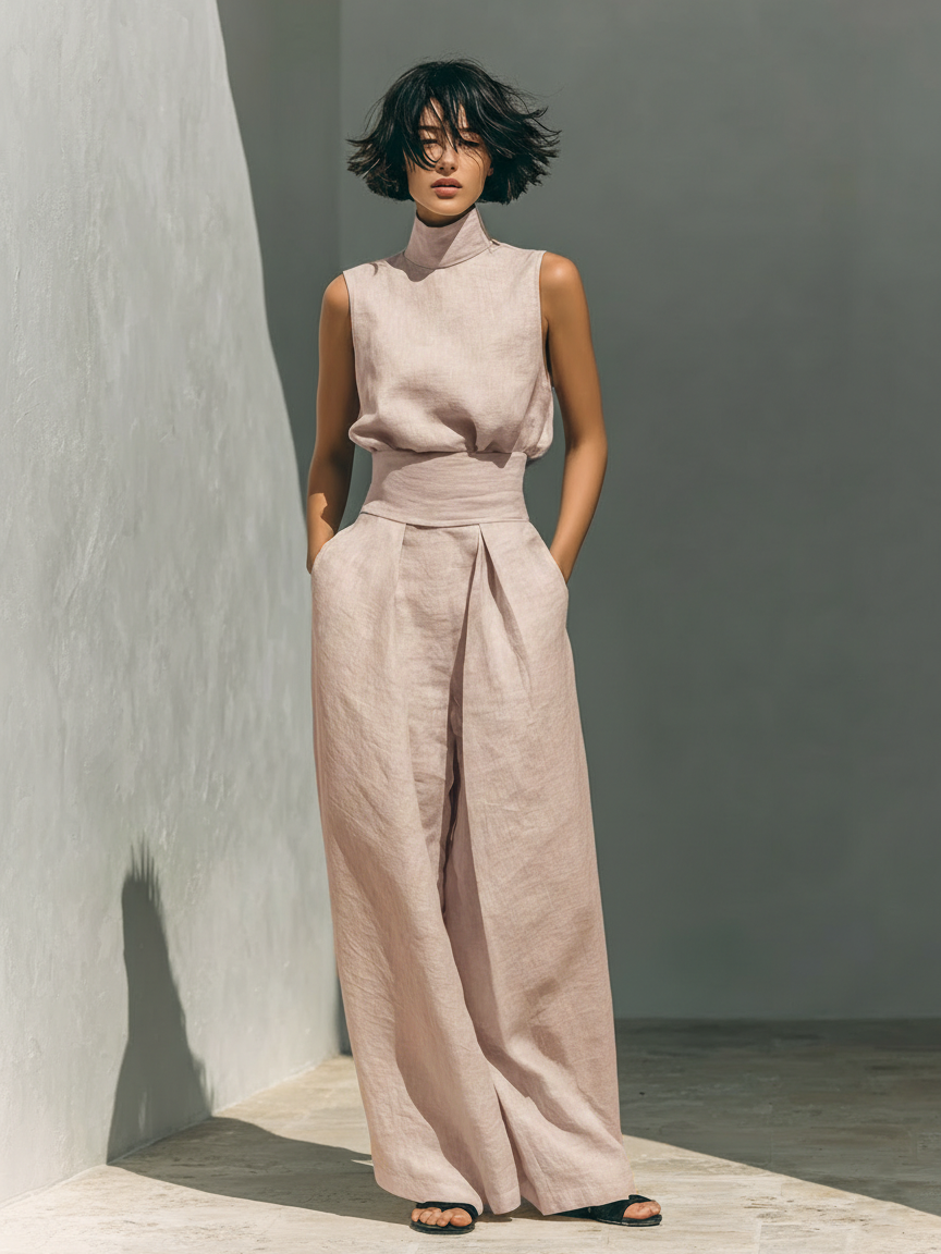 Inés | Completo minimalista in lino con top senza maniche e pantaloni larghi