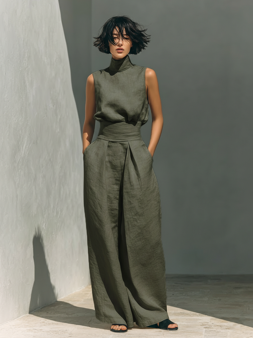 Inés | Completo minimalista in lino con top senza maniche e pantaloni larghi