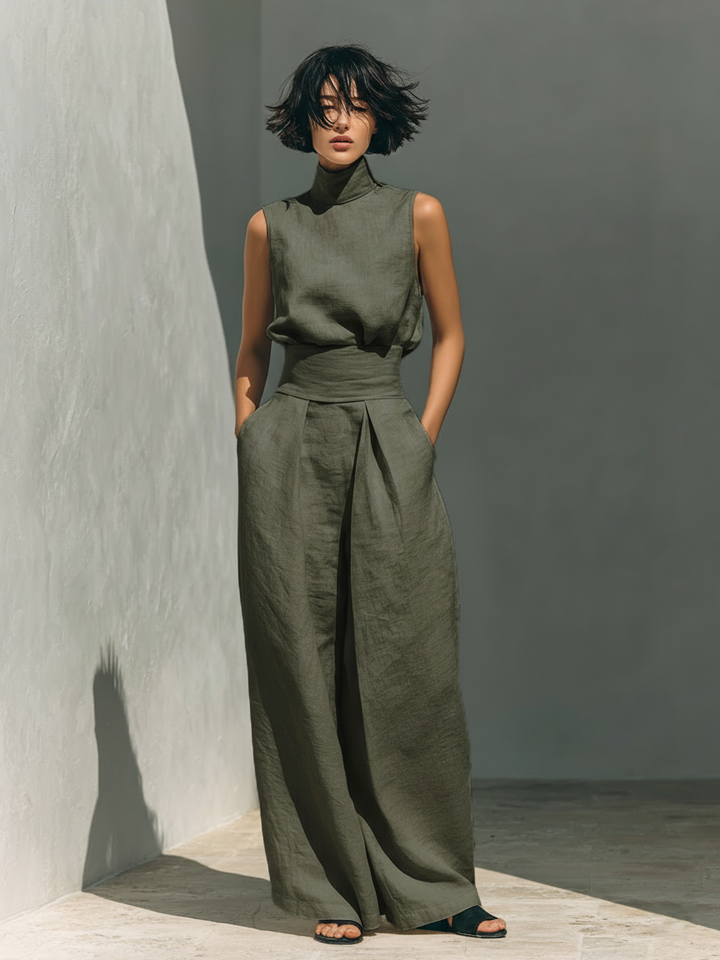 Inés | Completo minimalista in lino con top senza maniche e pantaloni larghi