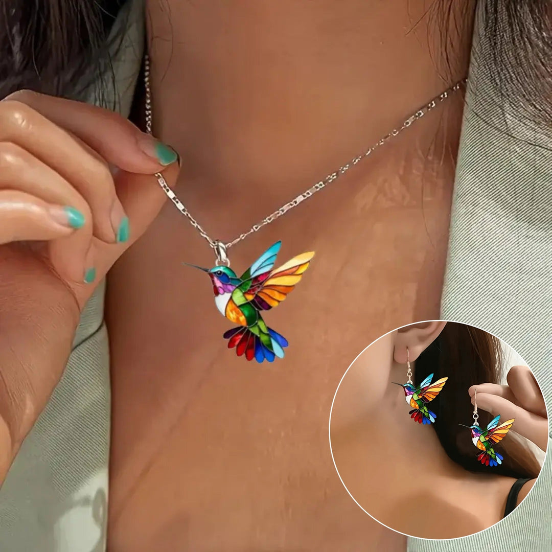 Collana con pendente a forma di colibrì e orecchini in regalo