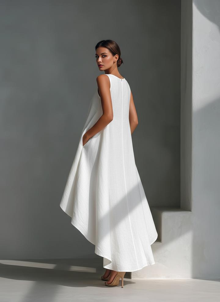 Elena | Vestito midi in lino bianco con taglio asimmetrico