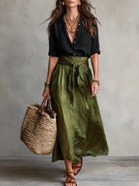 Aitana | Set di due pezzi con camicia nera e gonna midi verde oliva per donna