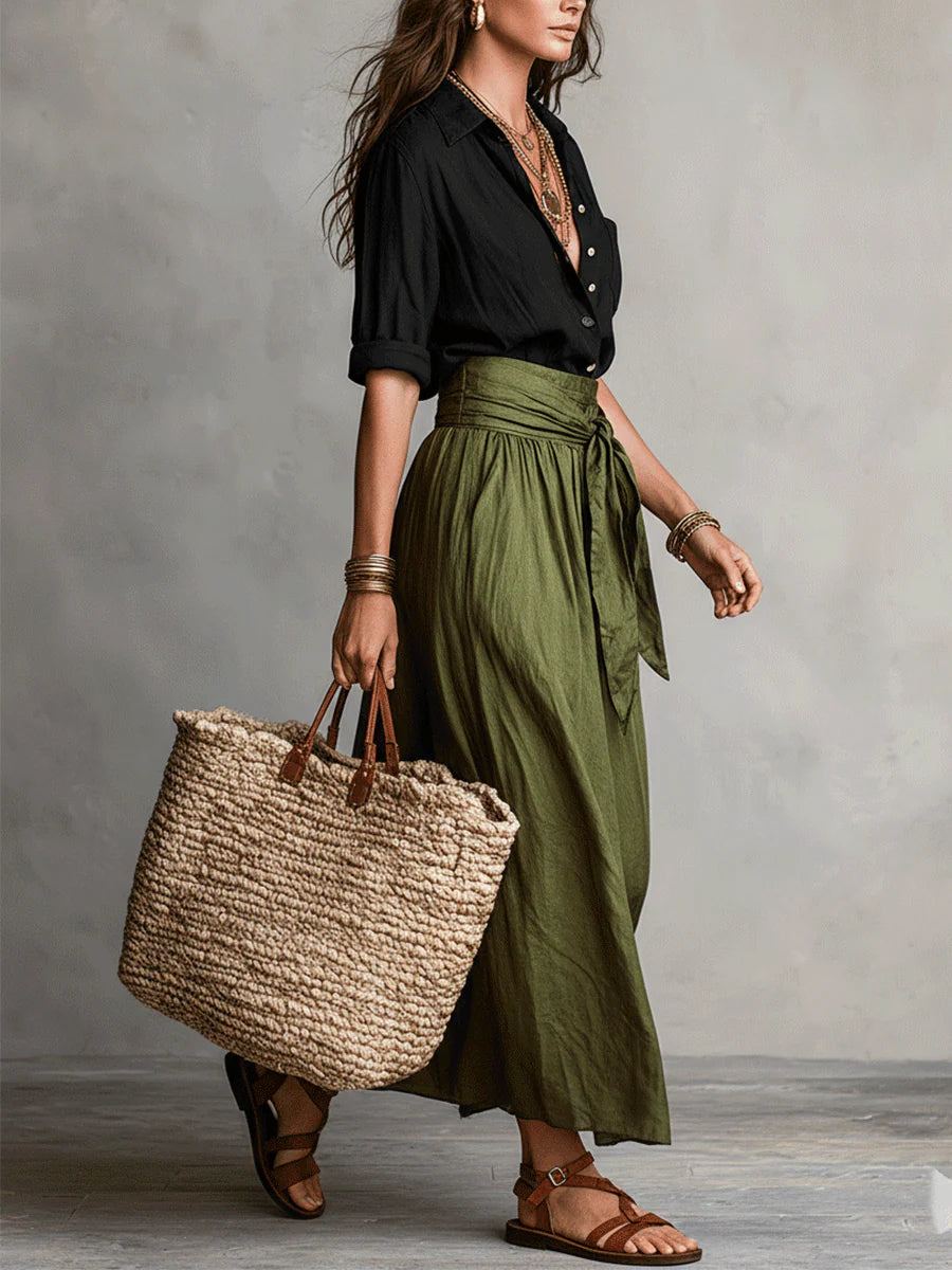 Aitana | Set di due pezzi con camicia nera e gonna midi verde oliva per donna