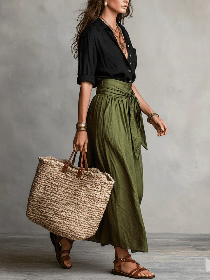 Aitana | Set di due pezzi con camicia nera e gonna midi verde oliva per donna