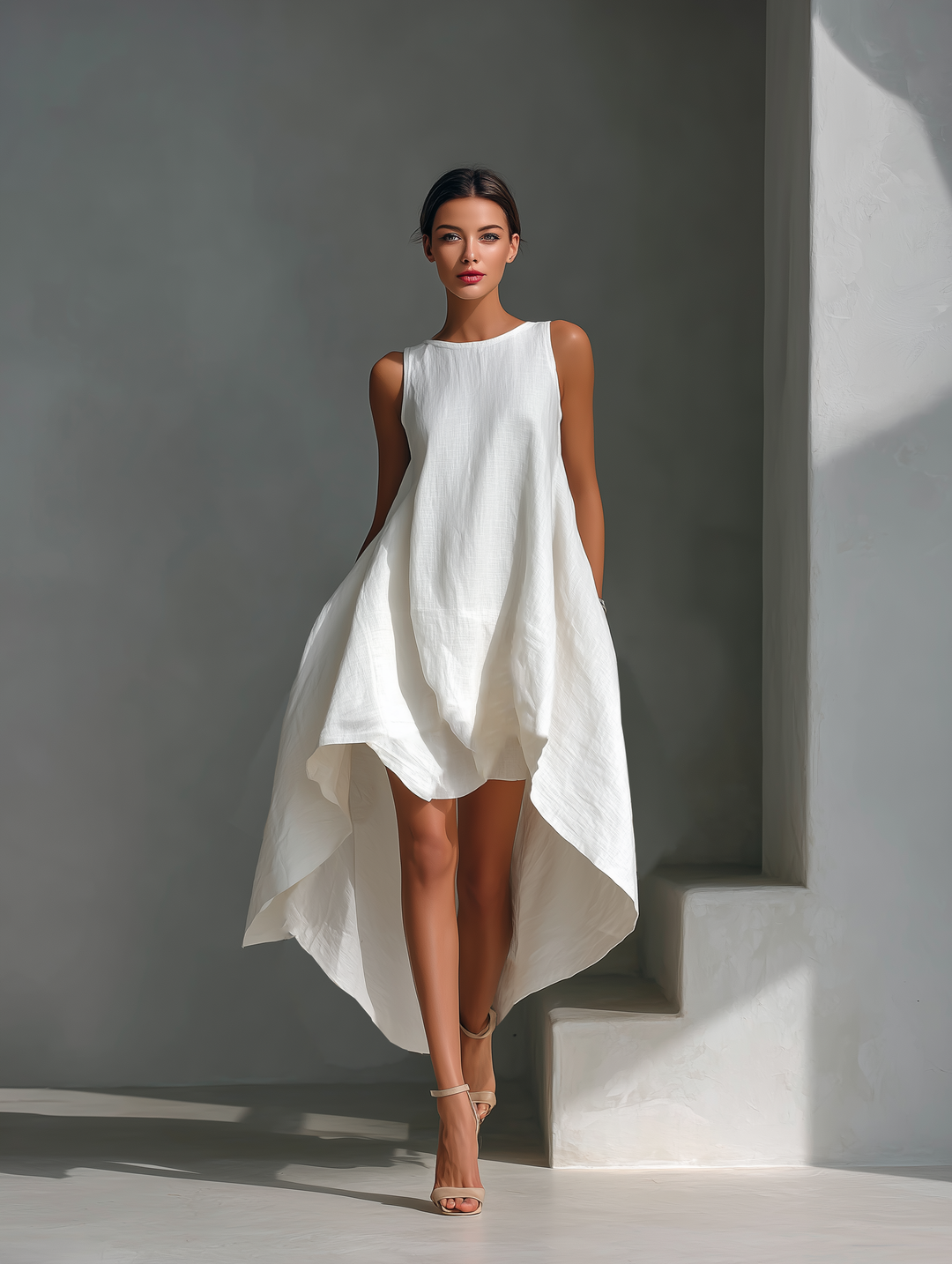 Elena | Vestito midi in lino bianco con taglio asimmetrico