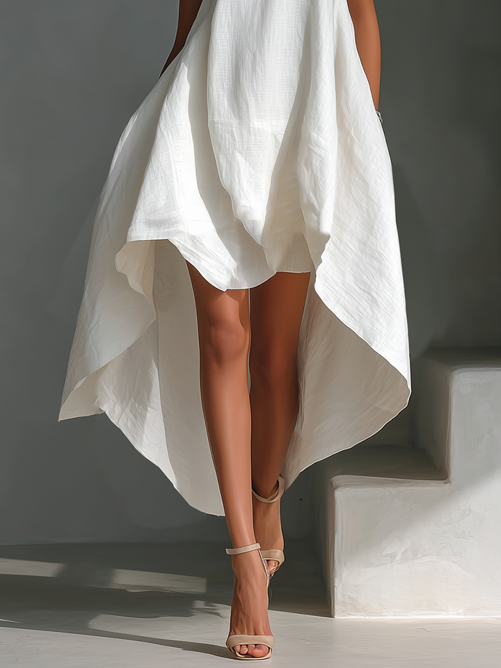 Elena | Vestito midi in lino bianco con taglio asimmetrico