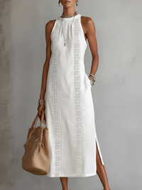 Jimena | Abito midi in lino con collo Mao
