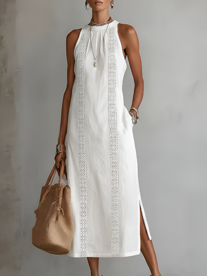 Jimena | Abito midi in lino con collo Mao