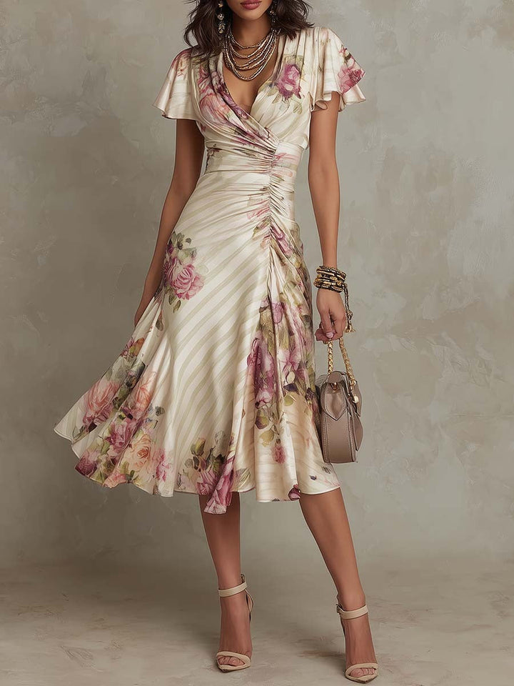 Alba | Abito midi satinato floreale elegante stile retrò