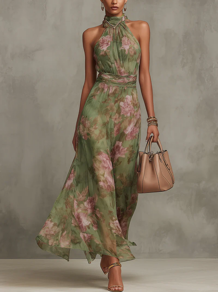 Marta | Vestito lungo floreale in chiffon con scollo a halter