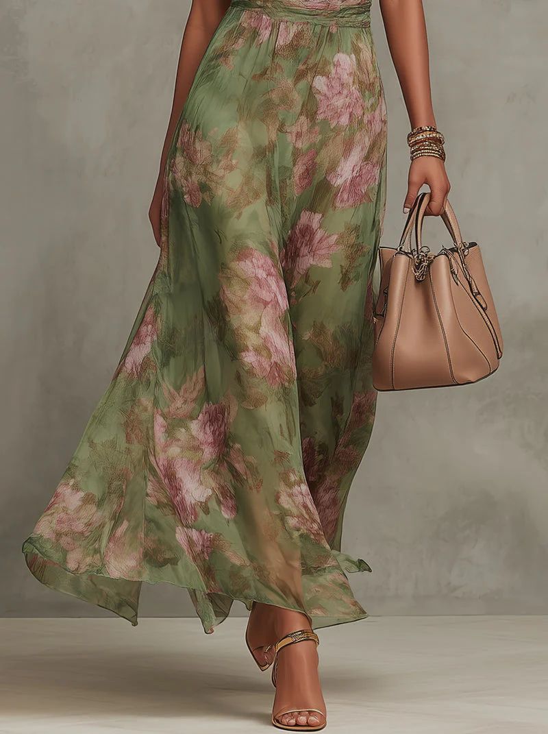 Marta | Vestito lungo floreale in chiffon con scollo a halter