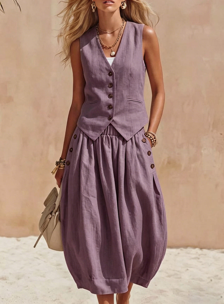 Alicia | Completo in lino e cotone con gilet attillato e gonna midi fluida