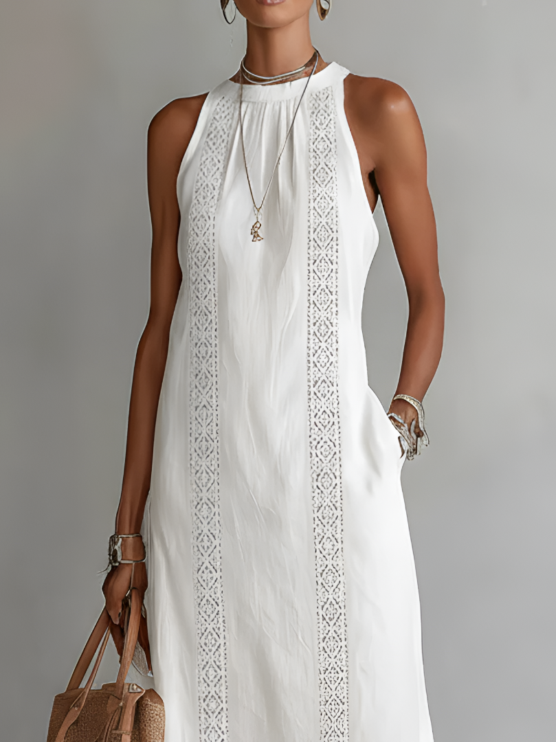 Jimena | Abito midi in lino con collo Mao
