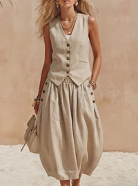Alicia | Completo in lino e cotone con gilet attillato e gonna midi fluida