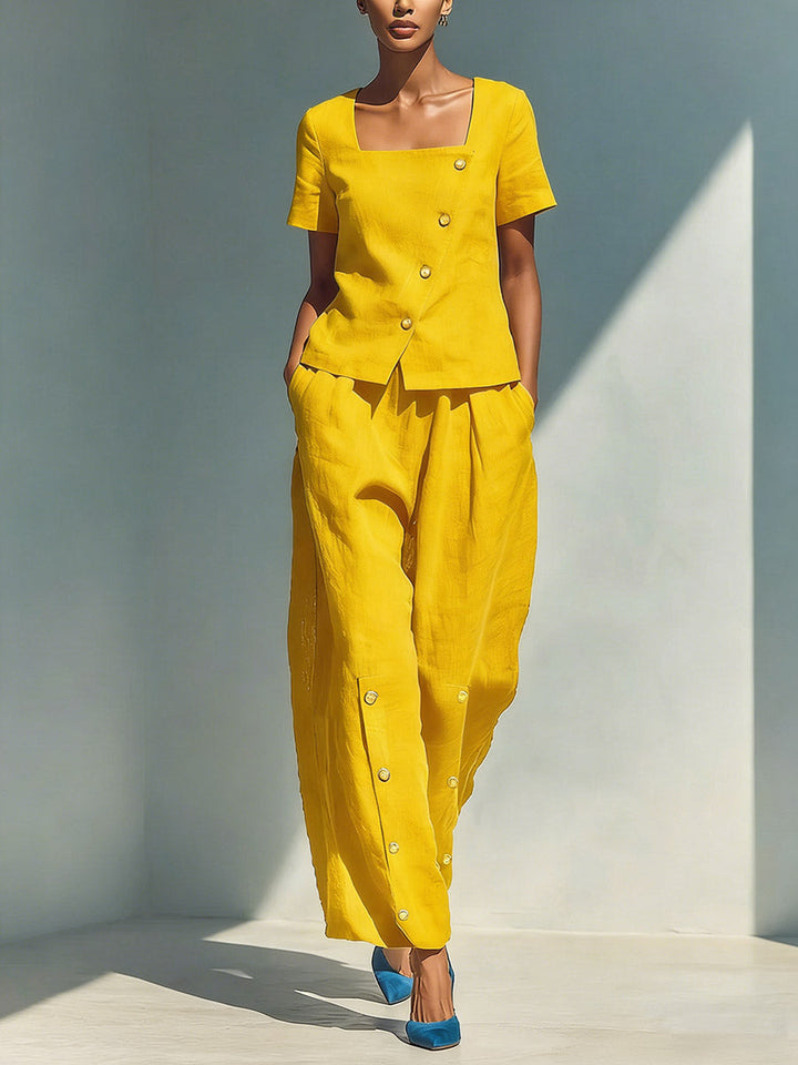 Natalia | Completo in lino e cotone con top a maniche corte e pantaloni larghi